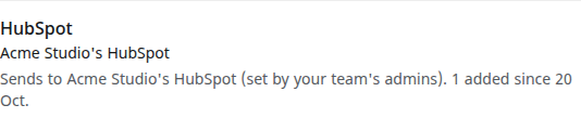 A holder's Kard: Sends to Acme Studio's HubSpot, set by your team's admins, with no switch