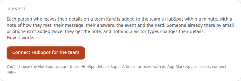 Team settings, Apps: what the team's HubSpot does, and the Connect HubSpot for the team button